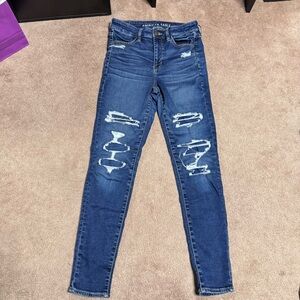 American Eagle Outfitters Women's Dark Blue Ripped Skinny Jeans